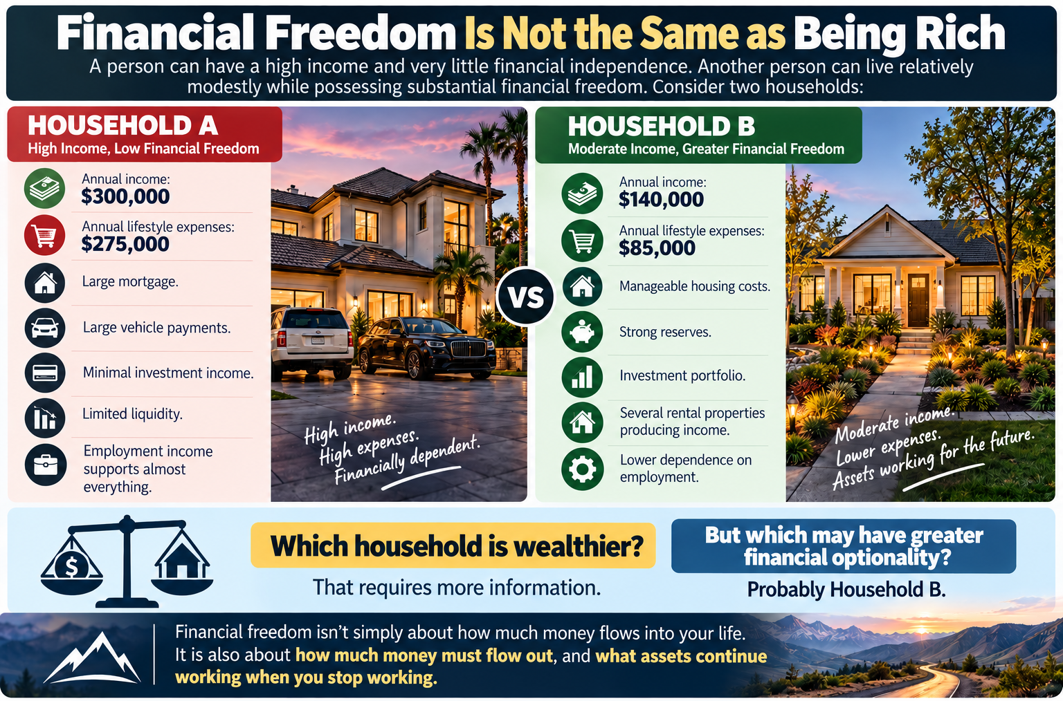 How dependent are you on your next paycheck? If losing your income for three months would create an immediate crisis, your standard of living may be high while your financial flexibility remains low. Start defining your destination across seven dimensions: time, income, debt, security, family, lifestyle, and legacy. Together, they turn financial freedom from an abstract aspiration into a personal planning framework.